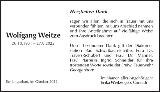 Traueranzeige von Wolfgang Weitze von vrm-trauer Wiesbadener Kurier