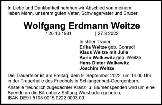 Traueranzeige von Wolfgang Erdmann Weitze von vrm-trauer Wiesbadener Kurier