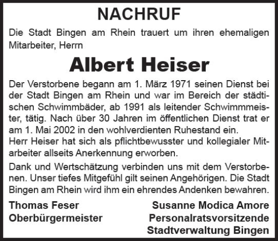 Traueranzeige von Albert Heiser von vrm-trauer Allgemeine  Zeitung Ingelheim-Bingen