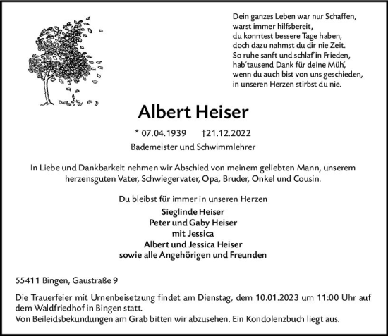 Traueranzeige von Albert Heiser von vrm-trauer Allgemeine  Zeitung Ingelheim-Bingen