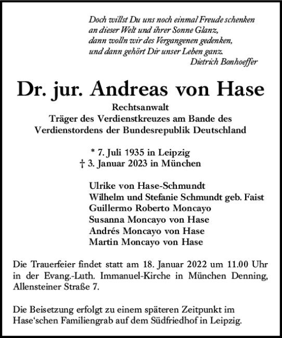 Traueranzeige von Andreas von Hase von vrm-trauer Wiesbadener Kurier