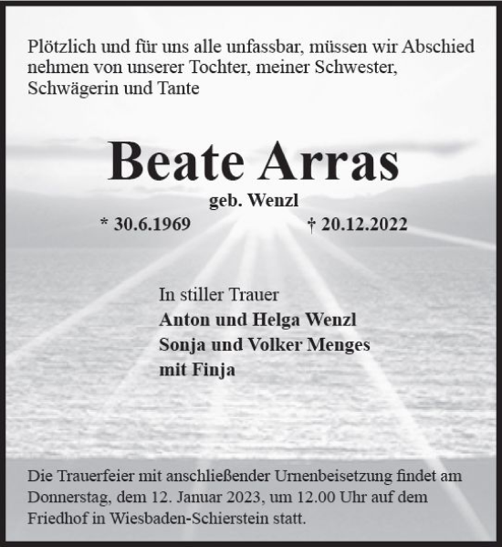 Traueranzeige von Beate Arras von vrm-trauer Wiesbadener Kurier