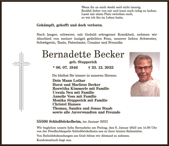 Traueranzeige von Bernadette Becker von vrm-trauer Allg. Zeitung Bad Kreuznach