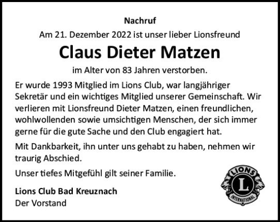 Traueranzeige von Claus Dieter Matzen von vrm-trauer Allg. Zeitung Bad Kreuznach