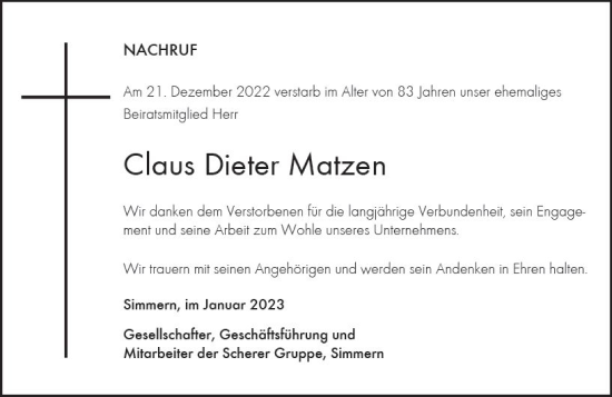Traueranzeige von Claus Dieter Matzen von vrm-trauer Allg. Zeitung Bad Kreuznach
