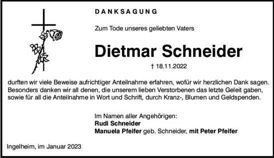 Traueranzeige von Dietmar Schneider von vrm-trauer Allgemeine  Zeitung Ingelheim-Bingen