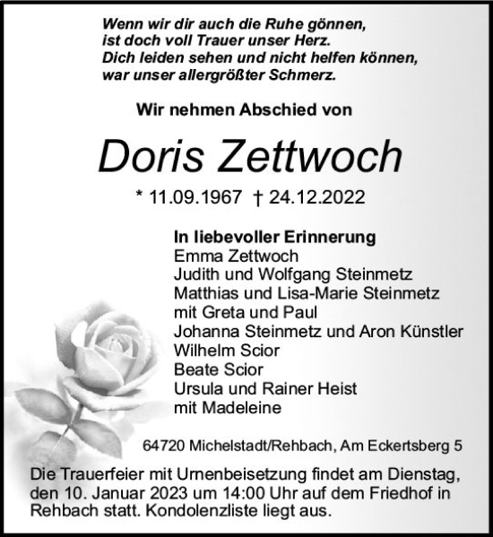 Traueranzeige von Doris Zettwoch von vrm-trauer Odenwälder Echo