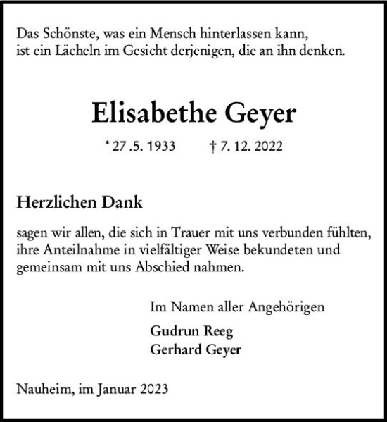 Traueranzeige von Elisabethe Geyer von vrm-trauer Groß-Gerauer Echo
