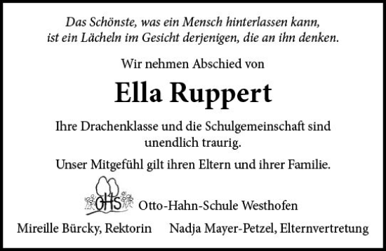 Traueranzeige von Ella Ruppert von vrm-trauer Wormser Zeitung