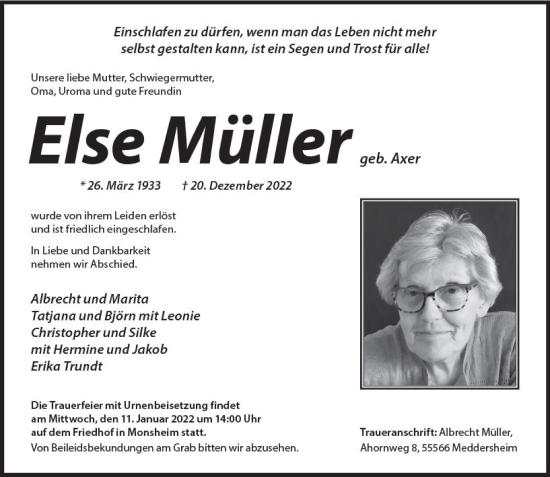 Traueranzeige von Else Müller von vrm-trauer Wormser Zeitung