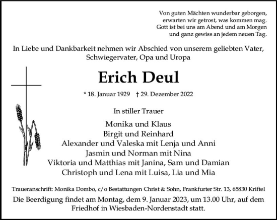 Traueranzeige von Erich Deul von vrm-trauer Wiesbadener Kurier