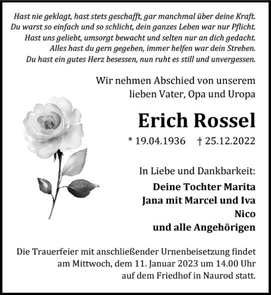 Traueranzeige von Erich Rossel von vrm-trauer Wiesbadener Kurier