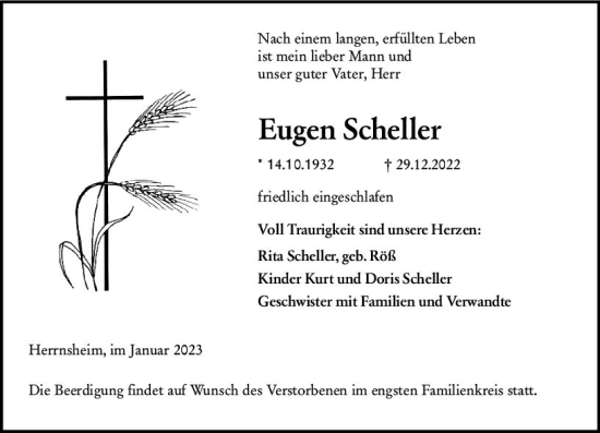 Traueranzeige von Eugen Scheller von vrm-trauer Wormser Zeitung