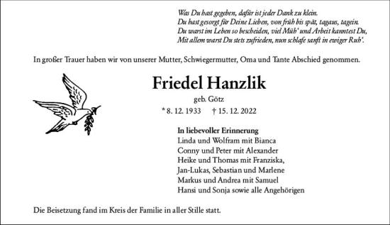 Traueranzeige von Friedel Hanzlik von vrm-trauer Idstein / Untertaunus
