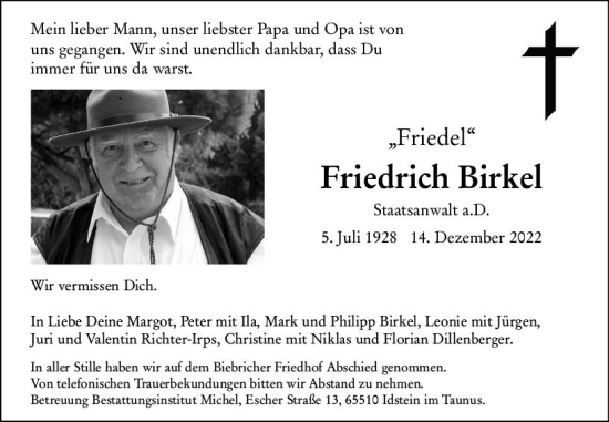 Traueranzeige von Friedrich Birkel von vrm-trauer Wiesbadener Kurier
