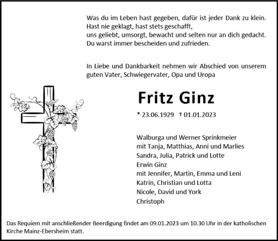 Traueranzeige von Fritz Ginz von vrm-trauer AZ Mainz