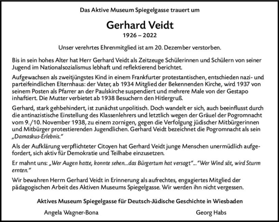Traueranzeige von Gerhard Veidt von vrm-trauer Wiesbadener Kurier