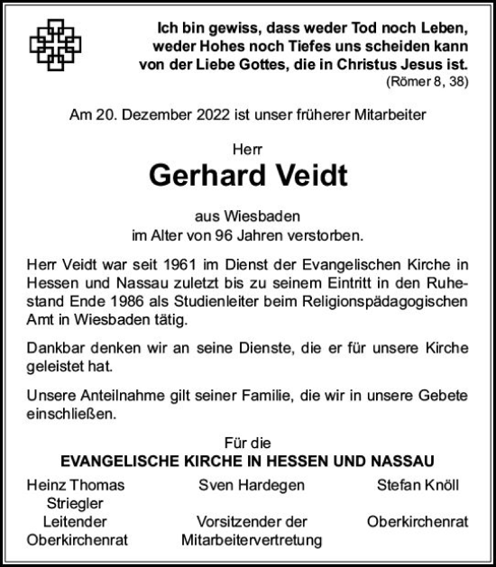 Traueranzeige von Gerhard Veidt von vrm-trauer Wiesbadener Kurier