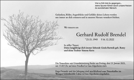 Traueranzeige von Gerhard Rudolf Brendel von vrm-trauer Allgemeine  Zeitung Ingelheim-Bingen