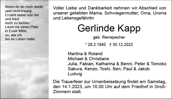 Traueranzeige von Gerlinde Kapp von vrm-trauer DieburgerAnzeiger/Groß-Zimmerner Lokala
