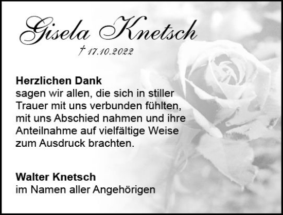 Traueranzeige von Gisela Knetsch von vrm-trauer Wiesbadener Kurier