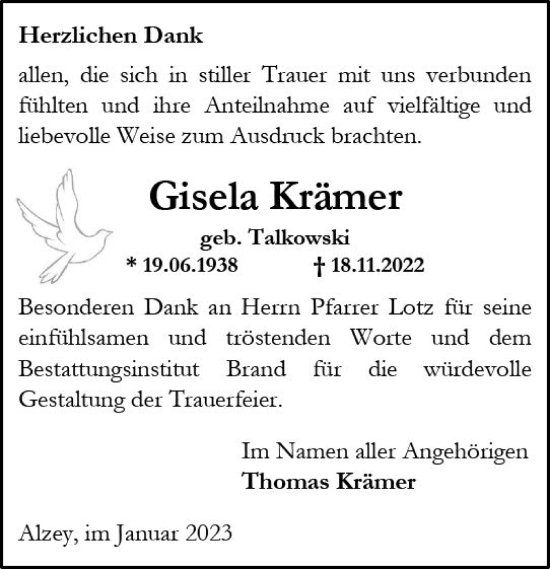Traueranzeige von Gisela Krämer von vrm-trauer Allgemeine Zeitung Alzey