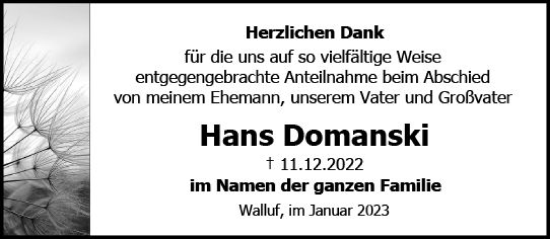 Traueranzeige von Hans Domanski von vrm-trauer Rheingau