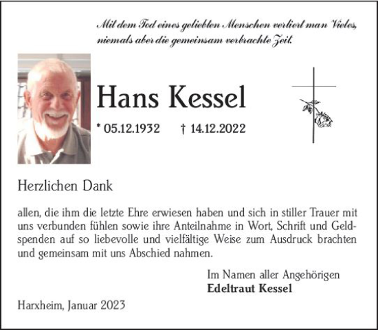 Traueranzeige von Hans Kessel von vrm-trauer AZ Mainz