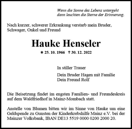 Traueranzeige von Hauke Henseler von vrm-trauer AZ Mainz
