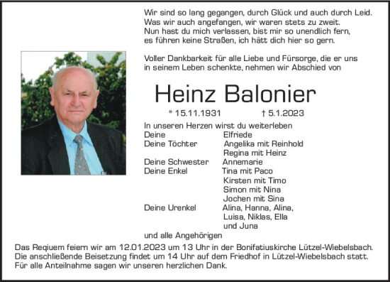 Traueranzeige von Heinz Balonier von vrm-trauer Odenwälder Echo