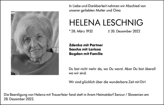 Traueranzeige von Helena Leschnig von vrm-trauer Allgemeine Zeitung Alzey