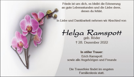 Traueranzeige von Helga Ramspott von vrm-trauer Wiesbadener Kurier