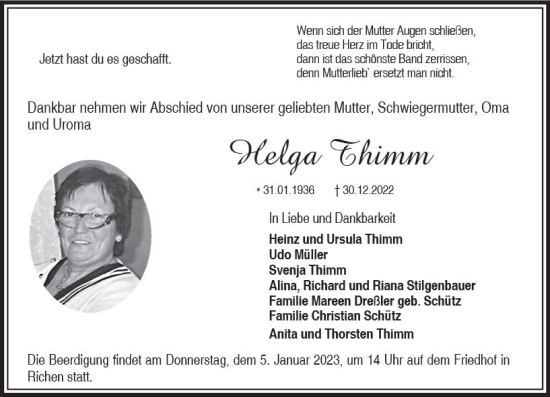 Traueranzeige von Helga Thimm von vrm-trauer Darmstädter Echo