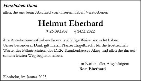 Traueranzeige von Helmut Eberhard von vrm-trauer Allgemeine Zeitung Alzey