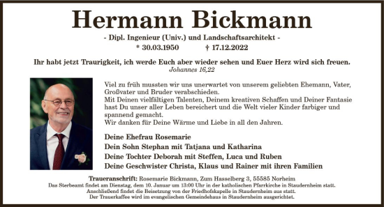 Traueranzeige von Hermann Bickmann von vrm-trauer Allg. Zeitung Bad Kreuznach