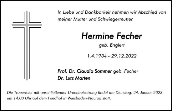 Traueranzeige von Hermine Fecher von vrm-trauer Wiesbadener Kurier