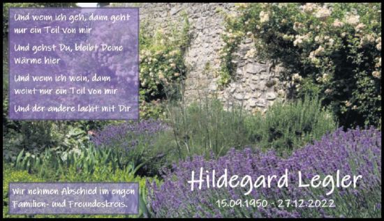 Traueranzeige von Hildegard Legler von vrm-trauer AZ Mainz