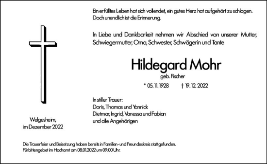 Traueranzeige von Hildegard Mohr von vrm-trauer Allgemeine  Zeitung Ingelheim-Bingen
