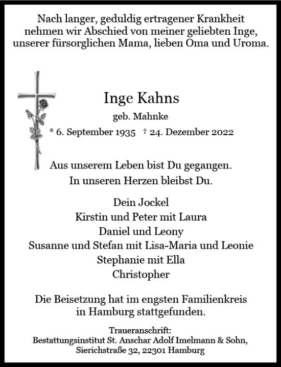 Traueranzeige von Inge Kahns von vrm-trauer Rüsselsheimer Echo / MainSpitze