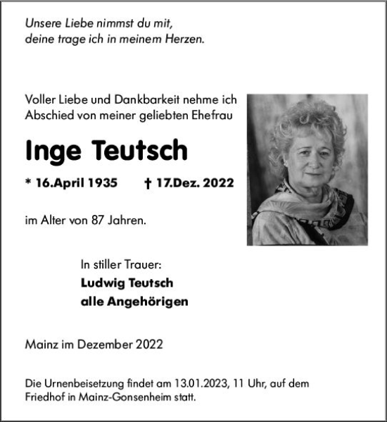 Traueranzeige von Inge Teutsch von vrm-trauer AZ Mainz