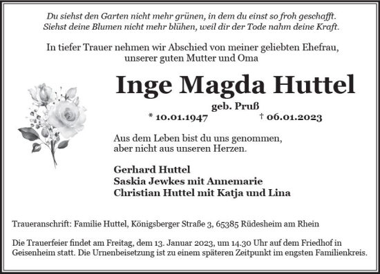 Traueranzeige von Inge Magda Huttel von vrm-trauer Rheingau