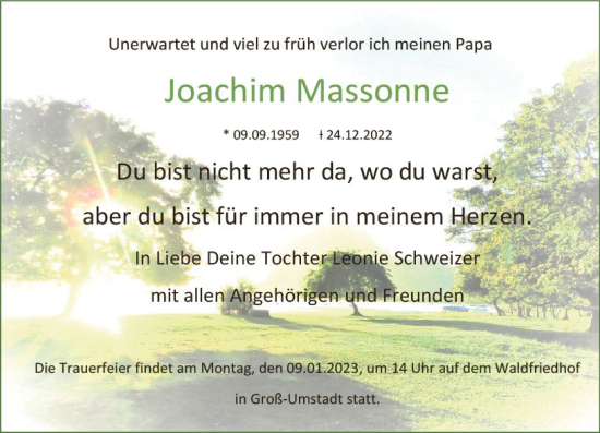 Traueranzeige von Joachim Massonne von vrm-trauer Darmstädter Echo