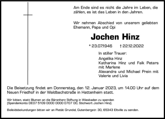 Traueranzeige von Jochen Hinz von vrm-trauer Rheingau