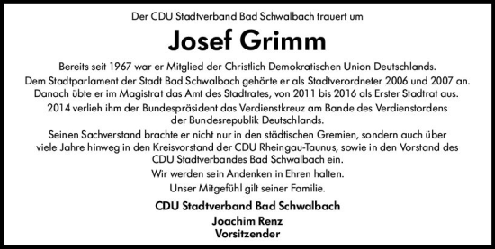 Traueranzeige von Josef Grimm von vrm-trauer Idstein / Untertaunus