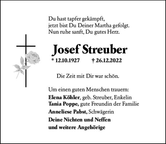 Traueranzeige von Josef Streuber von vrm-trauer AZ Mainz