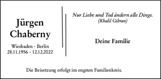 Traueranzeige von Jürgen Chaberny von vrm-trauer Wiesbadener Kurier