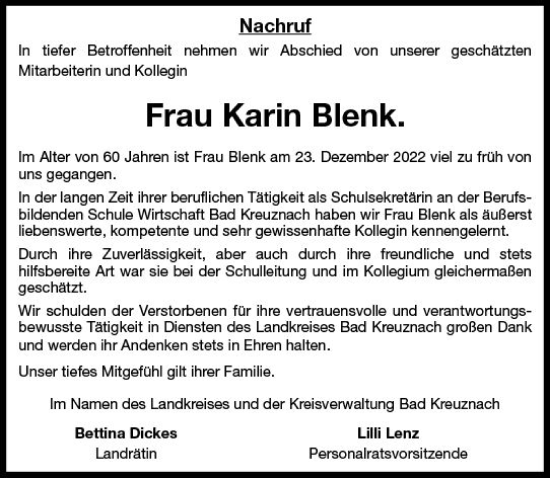 Traueranzeige von Karin Blenk von vrm-trauer Allg. Zeitung Bad Kreuznach