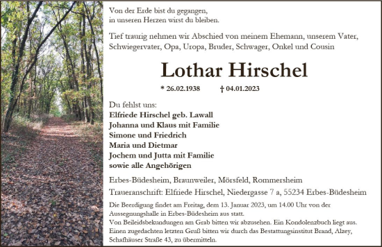 Traueranzeige von Lothar Hirschel von vrm-trauer Allgemeine Zeitung Alzey