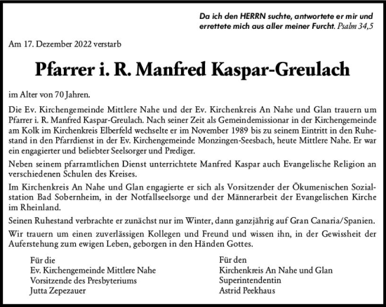 Traueranzeige von Manfred Kaspar-Greulach von vrm-trauer Allg. Zeitung Bad Kreuznach