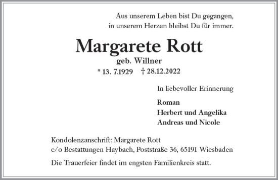 Traueranzeige von Margarete Rott von vrm-trauer Wiesbadener Kurier